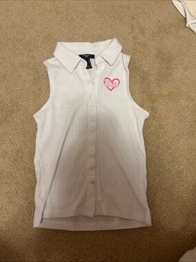 Forever 21 Kids White Ribbed Sleeveless Button-Up Tank with Pink Heart Detail